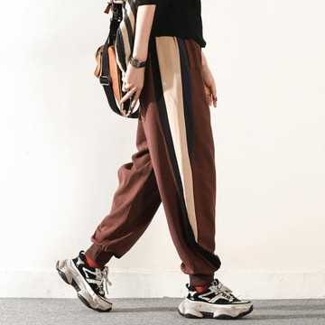 皇森春款休閑條紋拼接抽繩衛褲女寬松大碼純棉束腳哈倫長褲2025新