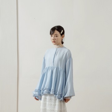 QUEENSHOP_S 女裝 長袖 雙層荷葉傘擺中山領上衣 兩色售 現+預 【01099522】