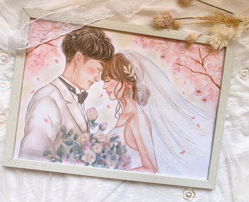 A3 size 結婚雙人木框畫/客製似顏繪/人像/插畫/手繪/結婚禮物/