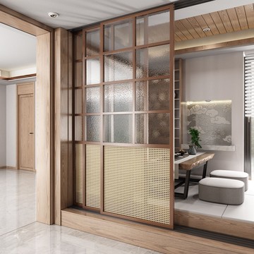 日式實木屏風水紋玻璃隔斷玄關洗手臺遮擋茶室藤編移動門可定制J-34公司貨