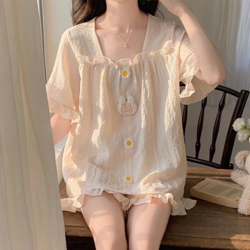 公主風睡衣女款夏季薄款純棉紗新款卡通可愛大碼短袖外穿家居服套