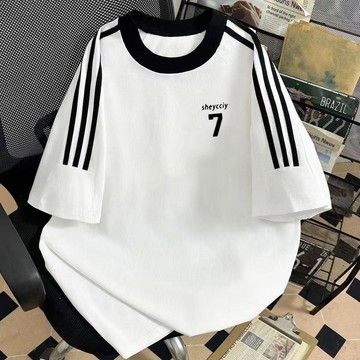 7815 名資深常客💫純棉三條槓短袖重磅T恤夏季清新休閒情侶ins寬鬆上衣男女同款3GWV