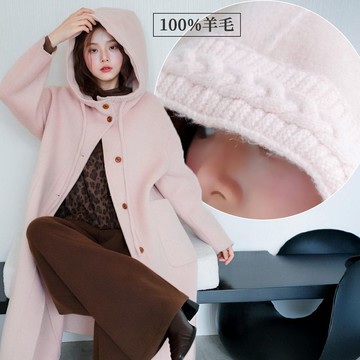 現貨★100%澳洲羊毛連帽勾織綁帶木釦大衣(共2色)1118 【NR2376】