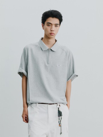灰調拉鍊 POLO 衫 / 寬鬆落肩 / 夏季休閒短袖上衣