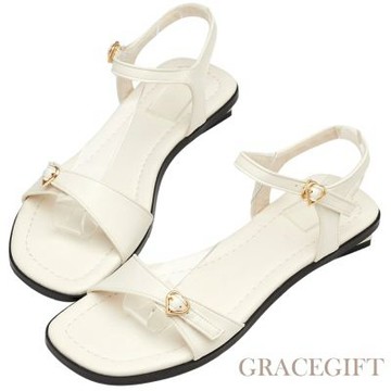 【Grace Gift】甜美印象雙帶愛心扣平底涼鞋 杏