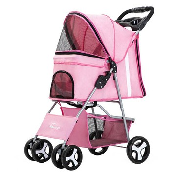 Doogo 寵物四輪推車 穩固四輪設計 寬敞透氣 可調節遮陽篷 底部置物籃 一鍵收合  1台  粉色