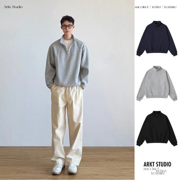 ［ARKT］ T65 美式復古 基礎款 百搭 半拉鏈立領衛衣 寬鬆休閒上衣 大學t polo領長袖上衣 秋季上衣 長袖