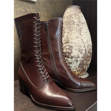 新款真皮復古古董女靴中跟尖頭英倫擦色真皮大底中跟vintage歐美