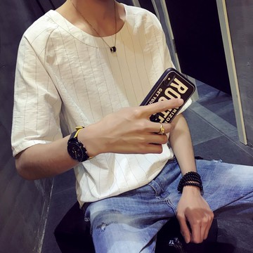 FINDSENSE H1 2018 夏季 個性簡約 條紋 T恤中袖 五分袖 潮流 時尚 男 上衣