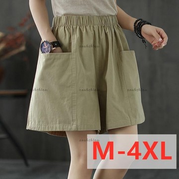 夏日女生短褲 M-4XL大尺碼短褲 女生工裝褲 工裝短褲 高腰休閒闊腿短褲女夏季文藝口袋棉布闊腿工裝褲