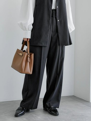 時髦前打褶寬腰帶直筒長褲(FC41L0F0680) - Te chichi