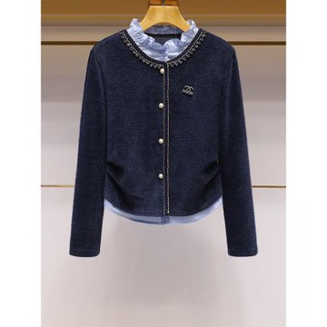 假兩件女上衣2025秋季新款重工鑲鉆花邊領小香風收腰針織開衫外套