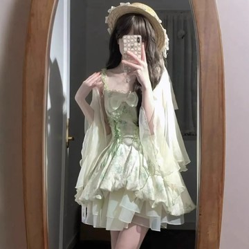 小個子森系洋裝 日系短裙 超仙連衣裙女 夏日絕美穿搭 在逃公主風蓬蓬裙 公主裙 花苞蓬蓬裙兩件套