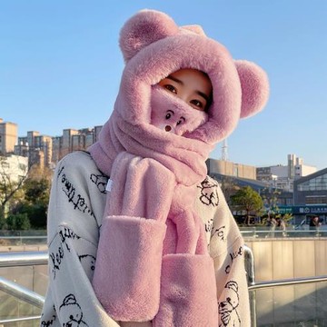 冬季圍巾女可愛小熊口罩一體連帽三件套韓版百搭手套毛絨耳朵圍脖
