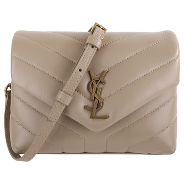 YSL-金YSL LOGO 山形紋皮革斜背包(奶茶色)