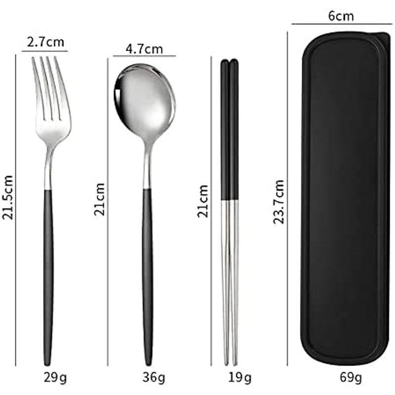 Aduson カトラリーセット ステンレス鋼 箸 フォーク スプーン 3点セット 軽量携帯 大人 子供用 ケース付き シルバー ブラック