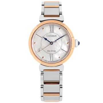 CITIZEN 表 /EM1074-82D/L 光動能 珍珠母貝 藍寶石水晶玻璃 不鏽鋼手錶 銀白x玫瑰金 29mm