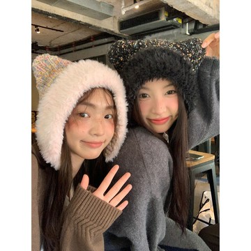 秋冬大頭圍顯臉小毛絨帽子撞色拼接保暖可愛耳朵針織帽女