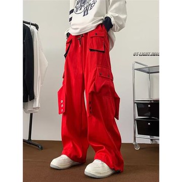 hiphop美式高街紅色工裝褲男女小眾寬松抽繩束腳休閑直筒褲大口袋