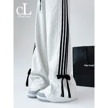 蝴蝶結白色運動褲女寬松直筒春秋夏2025新款休閑闊腿條紋美式衛褲