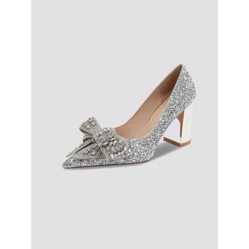 金色蝴蝶結高跟鞋女粗跟銀色水晶伴娘鞋婚鞋單鞋亮片法式氣質鞋子