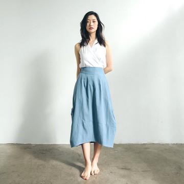 棉麻圓裙 - 丹寧