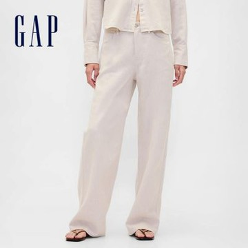 【GAP】亞麻棉混紡寬褲-亞麻色/白色條紋/黑色(877629)