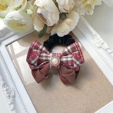 大人可愛拼色學院風格紋蝴蝶結髮圈大腸圈-酒紅色