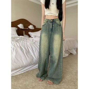 台灣出貨 美式復古水洗寬鬆小個子闊腿牛仔褲垂感秋季長褲顯瘦高腰直筒拖地 牛仔褲女 女生褲子 顯瘦牛仔褲 韓版牛仔褲