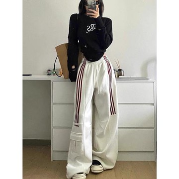 美式復古設計感工裝褲女2025新款秋冬加絨加厚寬松休閑闊腿拖地褲