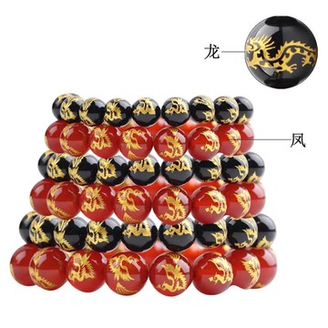 天然黑紅瑪瑙刻龍手鏈男士單圈生肖手串女款燙金龍鳳霸氣時尚飾品