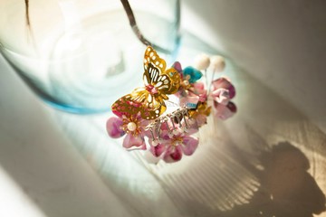 古著飾品 和服髮飾 粉色蝴蝶櫻花 貓眼石金屬流蘇髮插 現貨