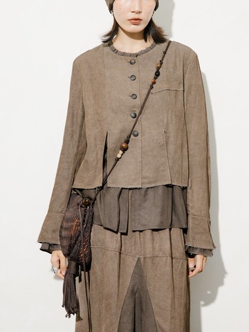 法式復古 / 拼接木耳邊短外套 / 扎染