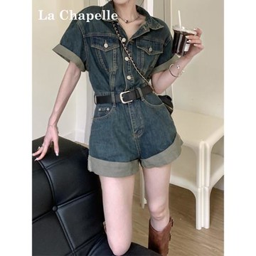 (免運)拉夏貝爾復古牛仔連體褲女夏季2025年新款設計感卷邊闊腿短褲套裝