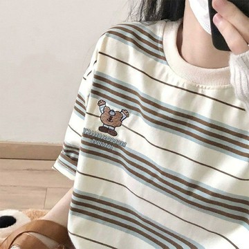 【潮酷印花】寬鬆T恤女 短袖T恤 韓版T恤 夏季上衣 條紋oversize 慵懶風hiphop 街頭休閒穿搭