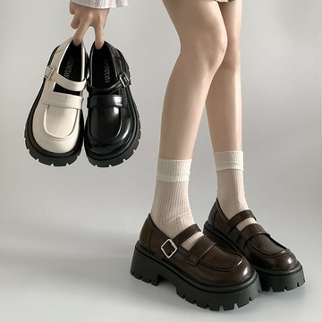 🔥台灣出貨🔥英倫複古黑色休閒英倫風厚底小皮鞋女配裙子粗跟單鞋  瑪麗珍鞋 女鞋  瑪莉珍鞋