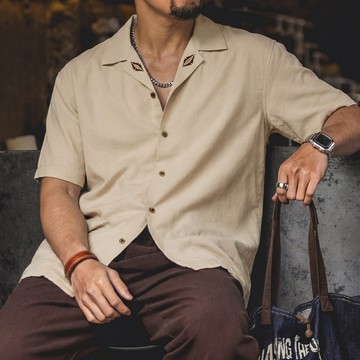 Wuluwear 美式復古古巴領短袖襯衫男夏季萊賽爾透氣休閒小外套設計感刺繡襯衫