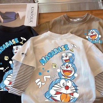 【臺灣-出貨】兒童春秋新款男童2025純棉長袖t恤韓版假兩件洋氣卡通哆啦A夢上衣 DRT2