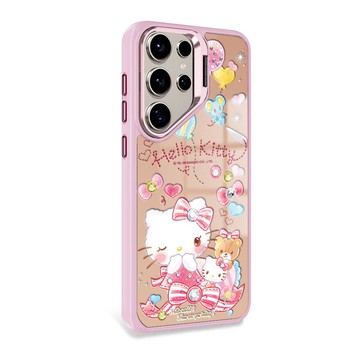 三麗鷗 S25/S24/S23 軍規防摔合金框隱形立架鏡面彩鑽殼-浪漫凱蒂