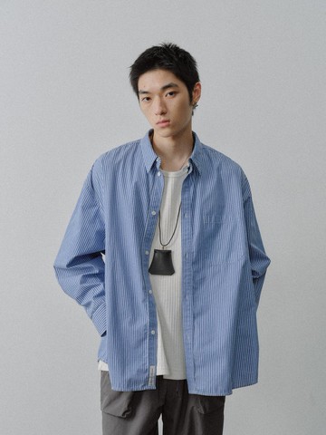 日系復古 藍白條紋長袖襯衫