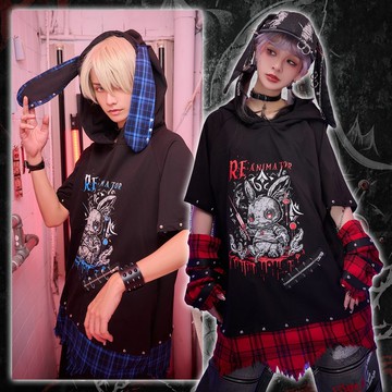 原創針筒兔蘇格蘭格紋不規則古著鬚邊兔耳朵接袖連帽T恤【JJ2541