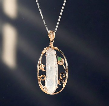 【福壽】冰種翡翠福豆項鍊 18K金鑽石 | 天然緬甸玉A貨翡翠 |送禮