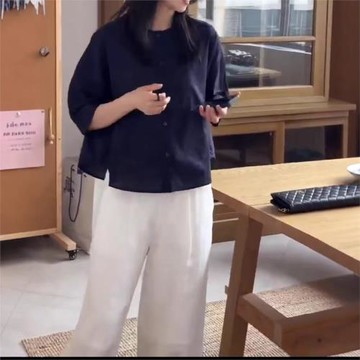 25058婕妤秀百搭時尚七分袖襯衫女夏季新款休閑寬松上衣薄款襯衣