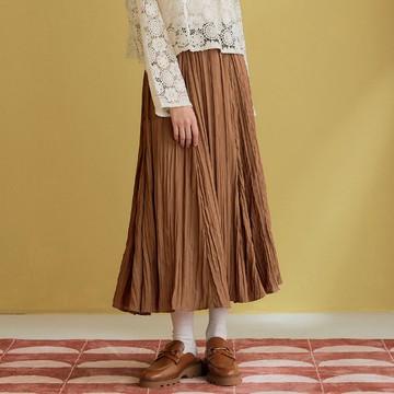 OUWEY歐薇 復古文青抓皺感長裙(咖色；S-L)3233432209