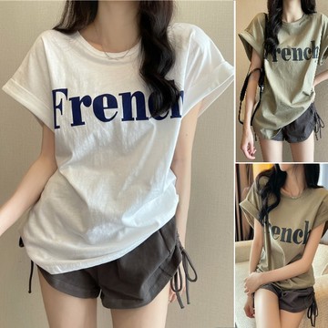 M-2XL韓版時尚字母Fren印花落肩設計寬鬆顯瘦短袖T恤(2色)-凱西娃娃
