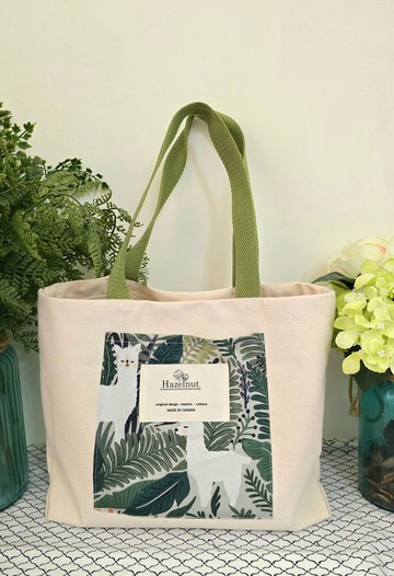 北歐風格帆布綠色白羊駝手提包全棉帆布肩背包側背包