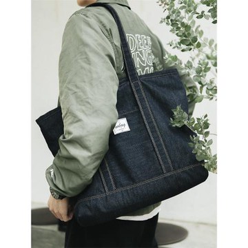 sobag日系中性大容量帆布單肩包百搭男不褪色牛仔藍通勤托特大包