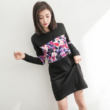 黑色針織幾何印花內刷絨圓領長袖洋裝  11752021