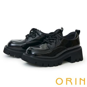 ORIN  英倫風漆皮綁帶厚底鋸齒德比鞋 黑色