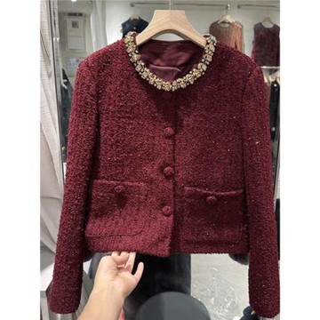 小香風粗花呢釘珠外套女2025春秋季新款名媛氣質高級感長袖上衣